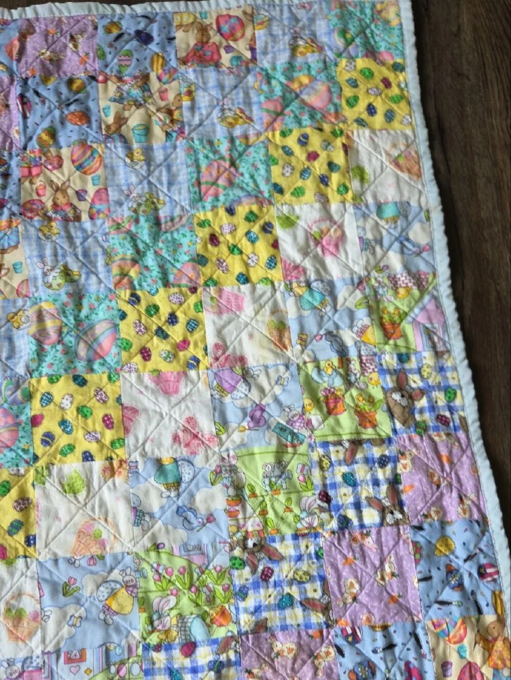 Handmade Pastel Patchwork  Baby Quilt Easter  Bunny Yellow Purple Blue